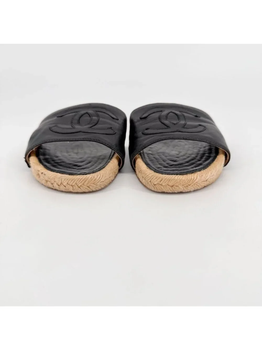 Chanel CC Flat Espadrille Mule Slide Sandals Black Leather Size 38 US 7-7.5 - Picture 6 of 15
